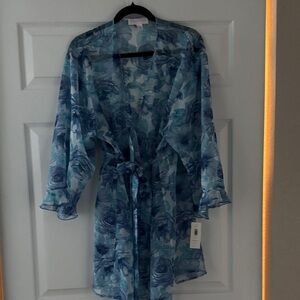 Oscar de la Renta Sheer Blue Floral Tie-Waist Robe